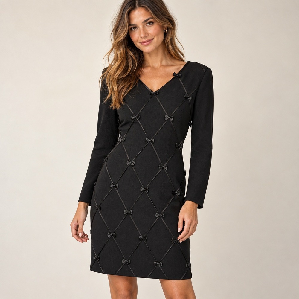 Vintage Black Lattice Bow Mini Dress Long Sleeve V-Neck Cocktail Dress